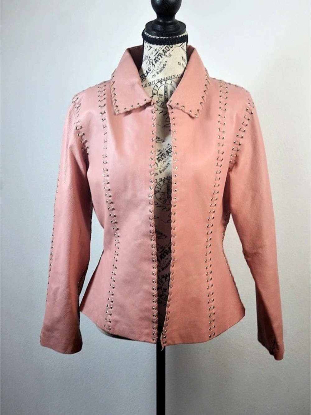 Y2K Pink Leather Grommet Lace Up Jacket Oscar Piel L